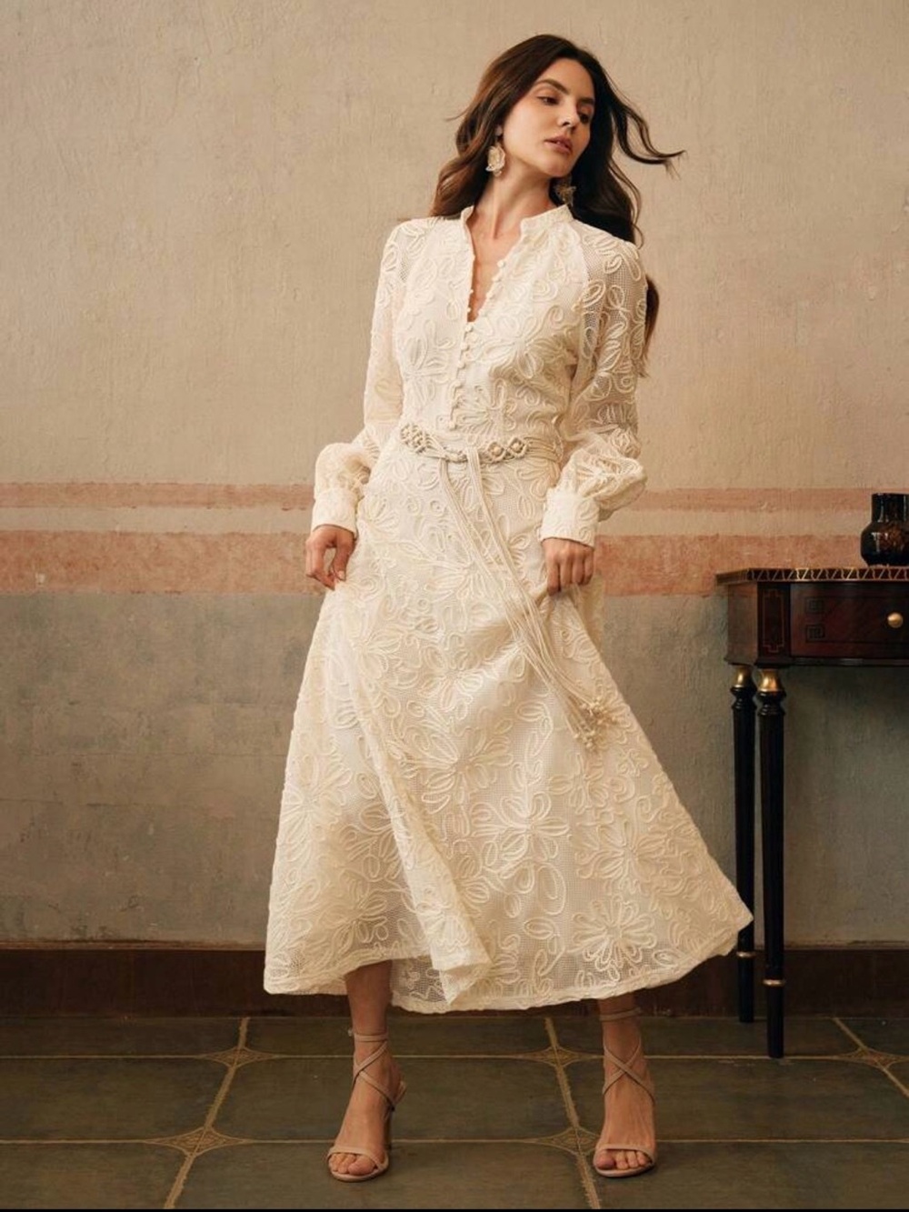 Anewsta Ivory Embroidered Elegany Maxi Dress -